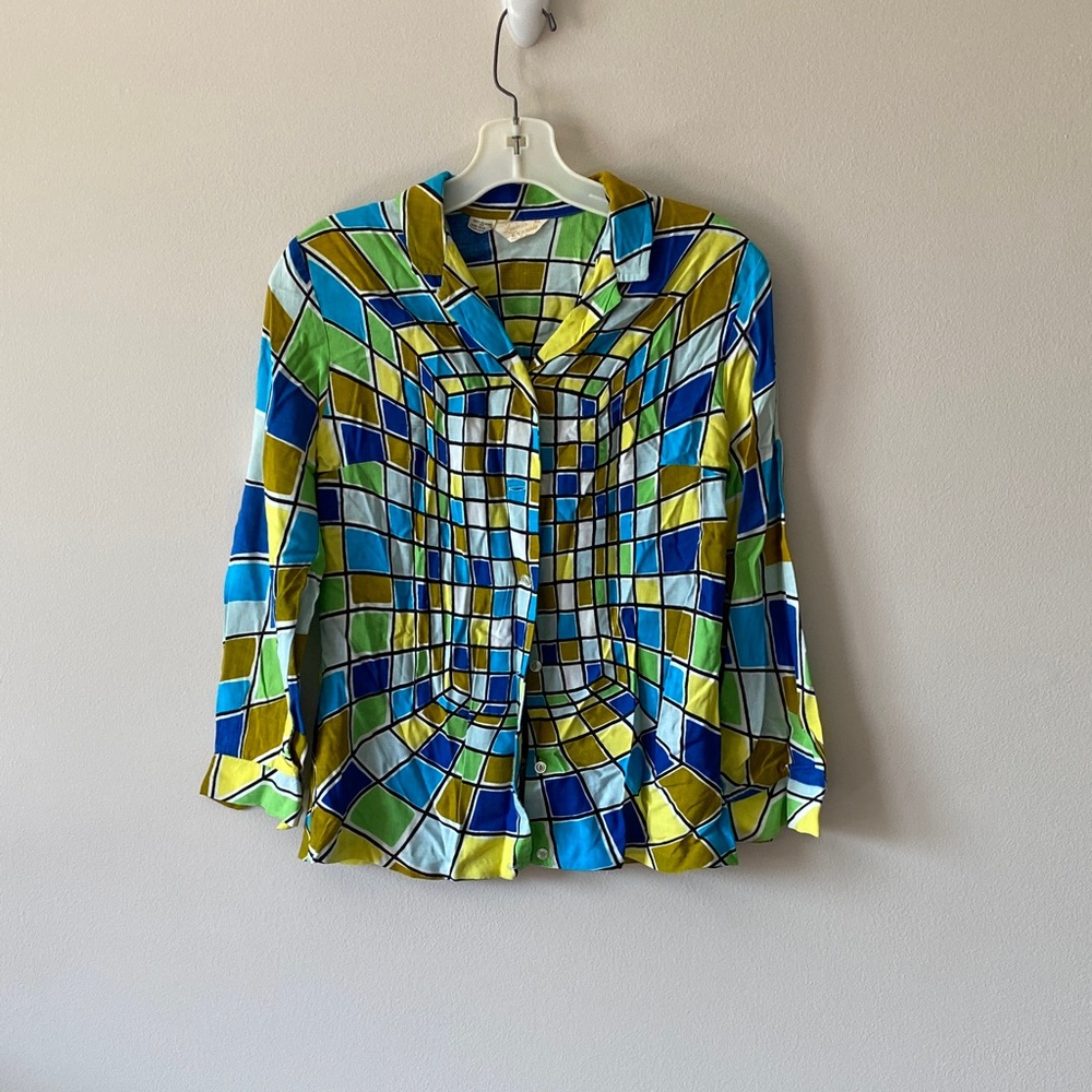 Geometric Mosaic Button-Up Blouse — Blue, Green & Yellow